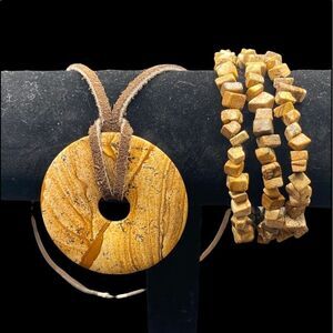 Jasper Disc necklace on leather cord and matching stretch wrap bracelet